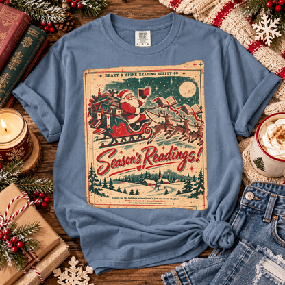 Season’s Readings Shirt, Christmas Book Lover Shirt, Vintage Santa Reading Tee, Bookish Christmas Gift, Romance Reader Holiday Shirt