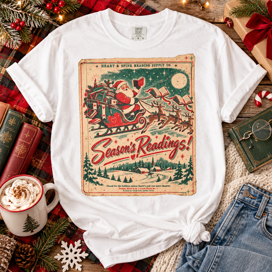 Season’s Readings Shirt, Christmas Book Lover Shirt, Vintage Santa Reading Tee, Bookish Christmas Gift, Romance Reader Holiday Shirt