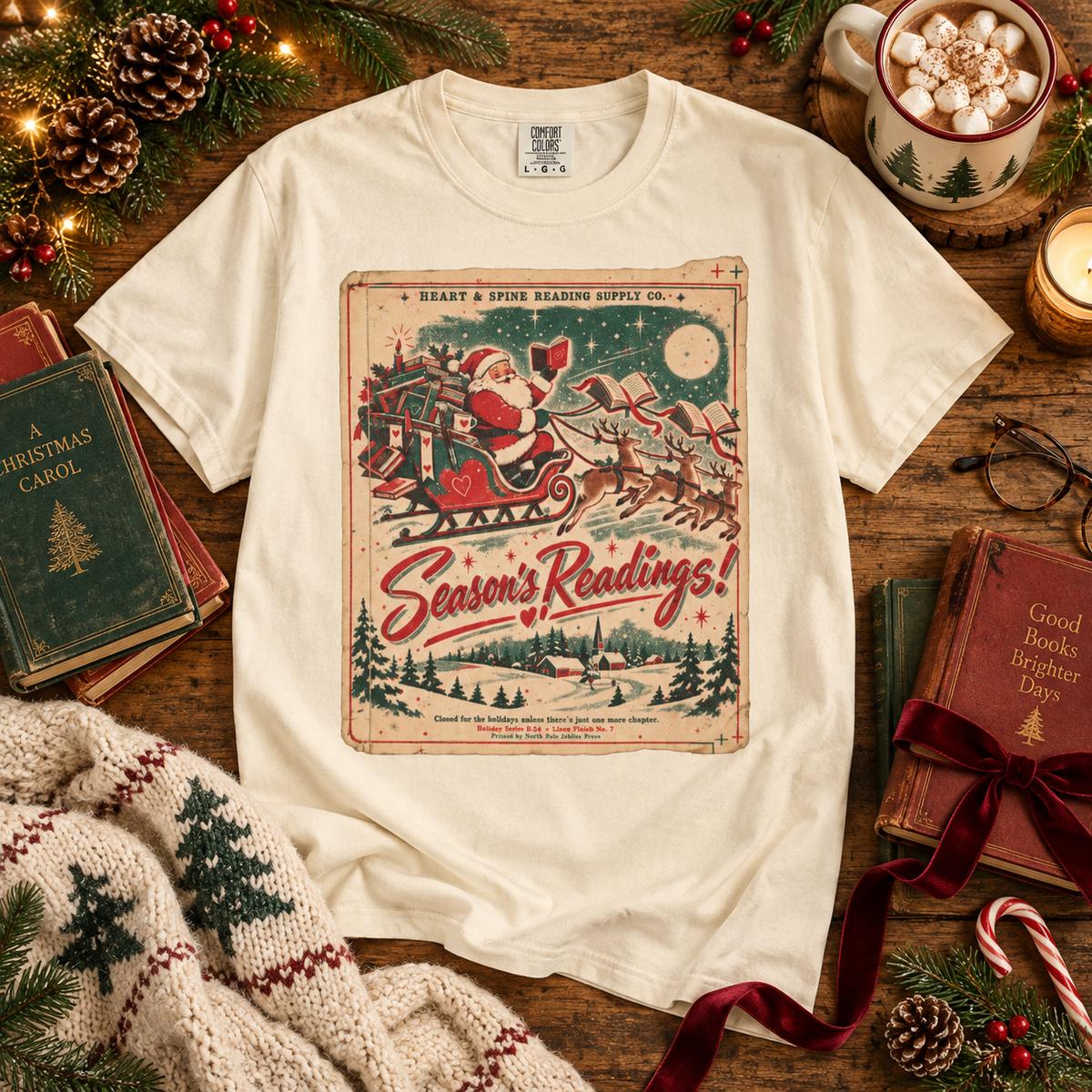 Season’s Readings Shirt, Christmas Book Lover Shirt, Vintage Santa Reading Tee, Bookish Christmas Gift, Romance Reader Holiday Shirt
