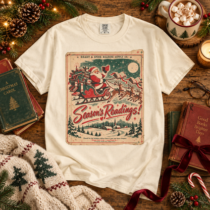 Season’s Readings Shirt, Christmas Book Lover Shirt, Vintage Santa Reading Tee, Bookish Christmas Gift, Romance Reader Holiday Shirt