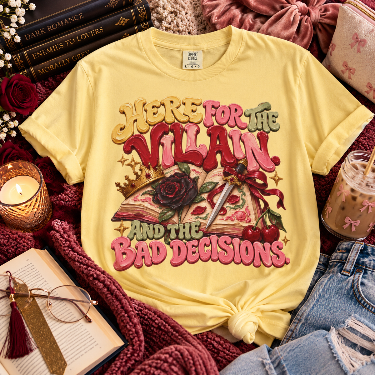 Here for the Villain Shirt, Romance Book Lover Tee, Dark Romance Reader Shirt, Morally Grey Bookish Gift, BookTok Comfort Colors Shirt