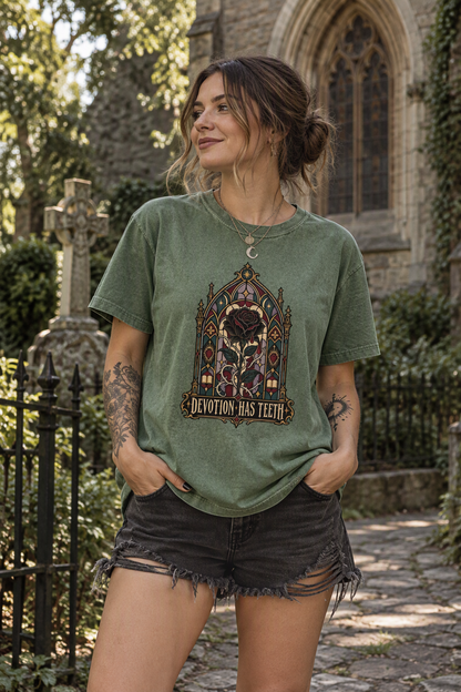 Express your love for beautifully dangerous stories with this “Devotion Has Teeth” dark romance shirt. Featuring a black rose inside an ornate gothic stained-glass window, this Comfort Colors book lover tee makes a memorable gift for romantasy readers, BookTok fans, morally gray hero enthusiasts, and gothic romance lovers. Its soft garment-dyed cotton and relaxed unisex fit make it perfect for book club, bookstore trips, reading retreats, and cozy reading days.