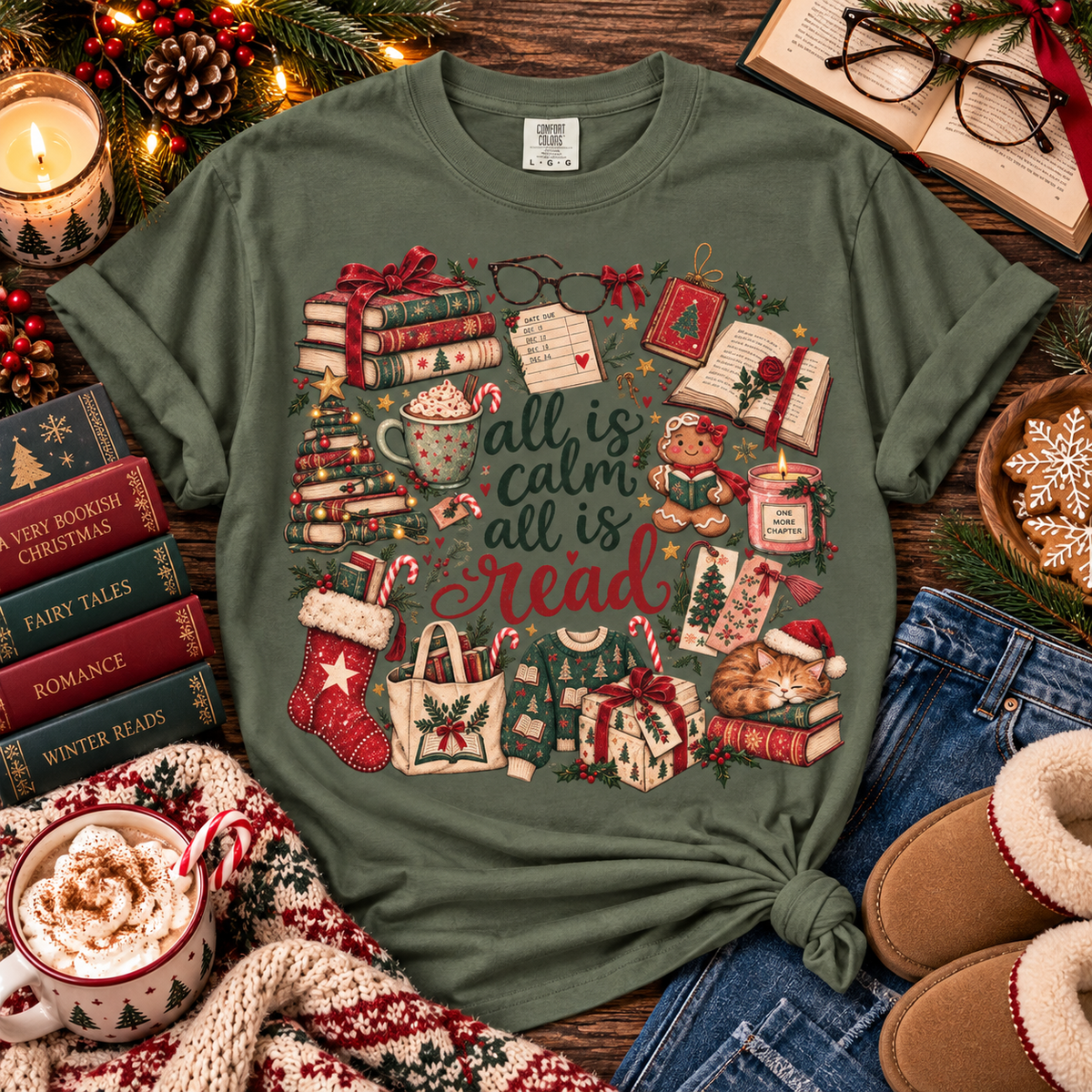 All Is Calm All Is Read Shirt, Christmas Book Lover Tee, Vintage Bookish Christmas T-Shirt, Cozy Reader Gift, Retro Holiday Reading Shirt