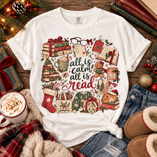 All Is Calm All Is Read Shirt, Christmas Book Lover Tee, Vintage Bookish Christmas T-Shirt, Cozy Reader Gift, Retro Holiday Reading Shirt