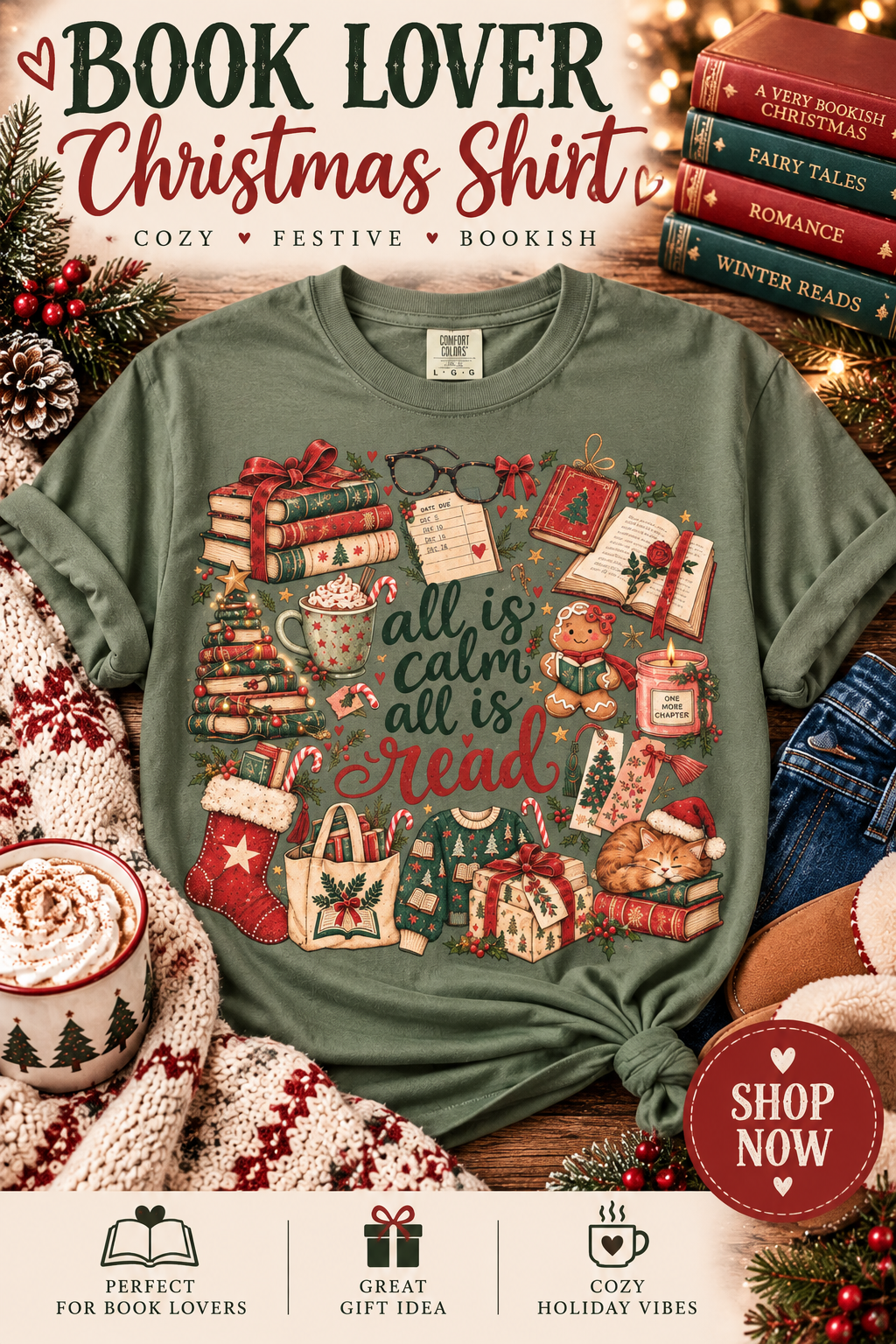 📚🎄 All is calm, all is read! The perfect Christmas shirt for book lovers who dream of cozy reading nights, holiday lights, and one more chapter. ❤️

This vintage-inspired bookish Christmas tee features nostalgic holiday illustrations, festive books, hot cocoa, and the cutest little Christmas bookstore cat. Perfect for Christmas book club outfits, holiday reading marathons, and thoughtful gifts for readers!
