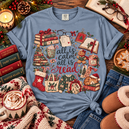All Is Calm All Is Read Shirt, Christmas Book Lover Tee, Vintage Bookish Christmas T-Shirt, Cozy Reader Gift, Retro Holiday Reading Shirt