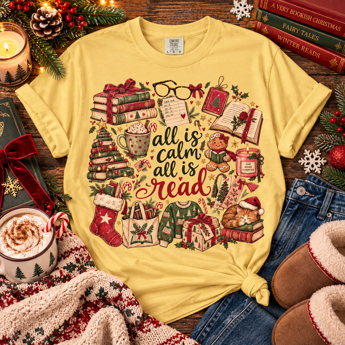 All Is Calm All Is Read Shirt, Christmas Book Lover Tee, Vintage Bookish Christmas T-Shirt, Cozy Reader Gift, Retro Holiday Reading Shirt