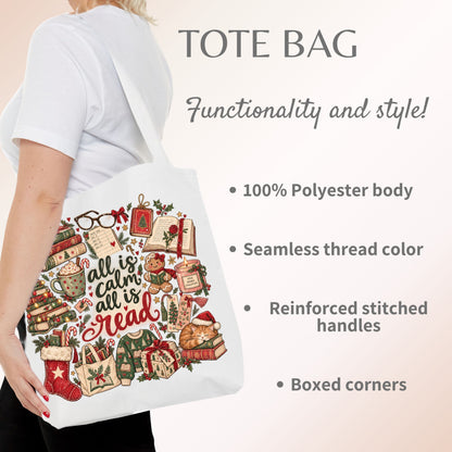 Christmas Book Lover Tote Bag, All Is Calm All Is Read, Vintage Bookish Canvas Bag, Reader Gift, Book Club Bag, Librarian Christmas Gift