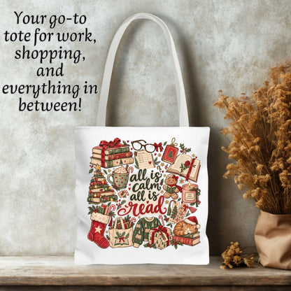 Christmas Book Lover Tote Bag, All Is Calm All Is Read, Vintage Bookish Canvas Bag, Reader Gift, Book Club Bag, Librarian Christmas Gift