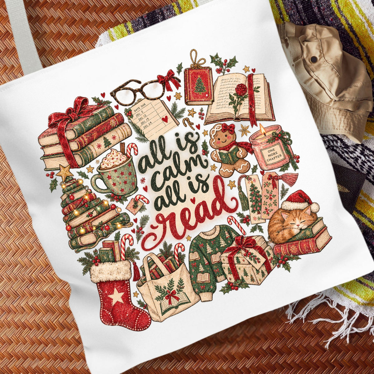 Christmas Book Lover Tote Bag, All Is Calm All Is Read, Vintage Bookish Canvas Bag, Reader Gift, Book Club Bag, Librarian Christmas Gift