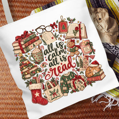 Christmas Book Lover Tote Bag, All Is Calm All Is Read, Vintage Bookish Canvas Bag, Reader Gift, Book Club Bag, Librarian Christmas Gift