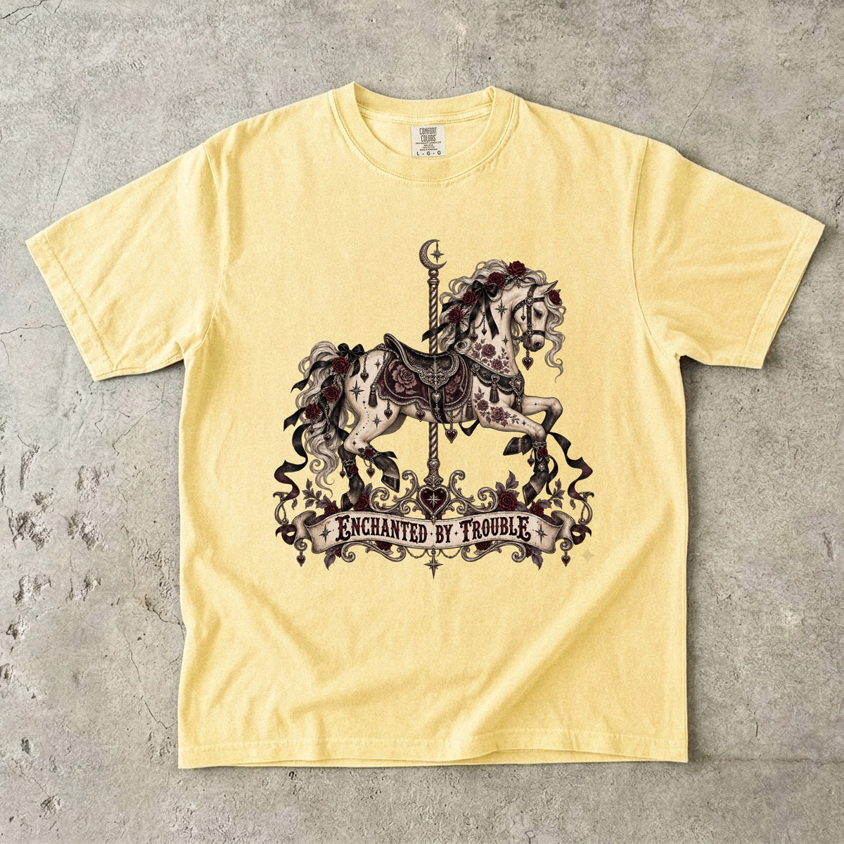 Enchanted by Trouble Shirt, Dark Romance Book Lover Tee, Gothic Carousel Comfort Colors Shirt, Romantasy Reader Gift