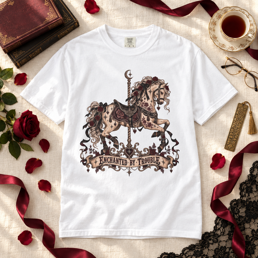 Enchanted by Trouble Shirt, Dark Romance Book Lover Tee, Gothic Carousel Comfort Colors Shirt, Romantasy Reader Gift