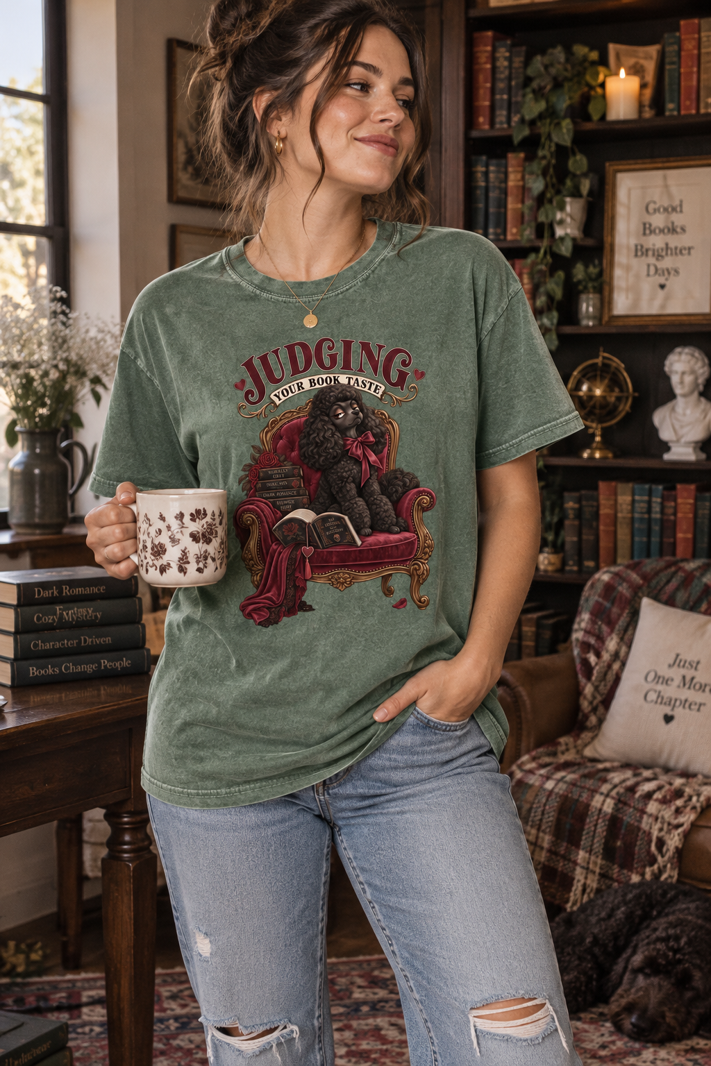 Judging your book taste—and your favorite fictional red flags. 📚 This dark romance Comfort Colors shirt features an elegant black poodle lounging in a burgundy velvet chair with books, roses, and vintage gothic details. A funny gift for romance readers, BookTok friends, poodle lovers, librarians, and book-club members who always have opinions about the TBR.

#DarkRomance #BookLoverGift #BookTokStyle