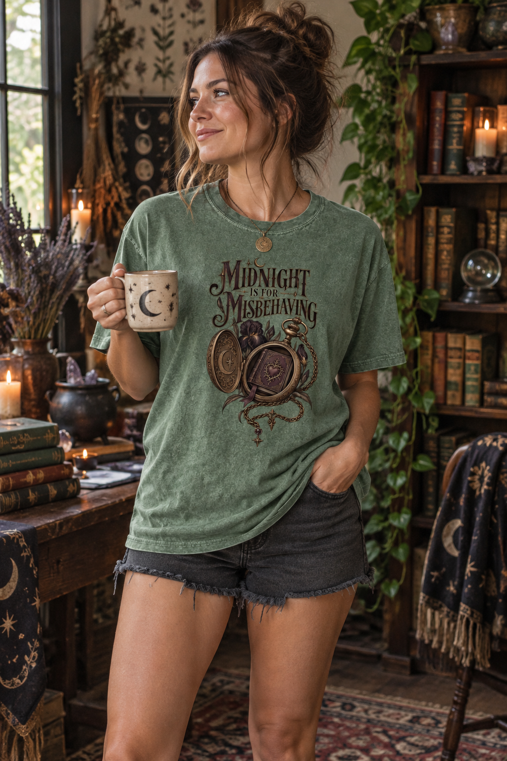 Midnight is for misbehaving—and reading one more chapter. This gothic Comfort Colors shirt features an antique pocket watch holding a miniature book, surrounded by black roses, celestial details, and vintage bronze accents. A unique gift for dark romance readers, romantasy fans, BookTok friends, and anyone whose best reading happens after midnight.

#DarkRomance #BookLoverGift #BookTokStyle