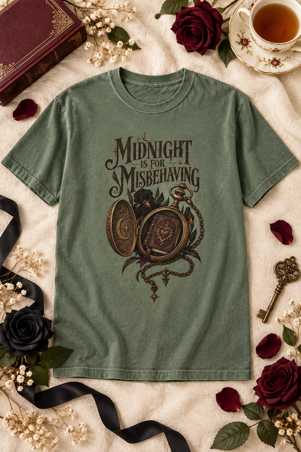 Midnight is for misbehaving—and reading one more chapter. This gothic Comfort Colors shirt features an antique pocket watch holding a miniature book, surrounded by black roses, celestial details, and vintage bronze accents. A unique gift for dark romance readers, romantasy fans, BookTok friends, and anyone whose best reading happens after midnight.

#DarkRomance #BookLoverGift #BookTokStyle