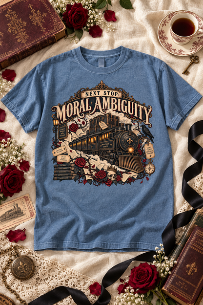 All aboard the Problematic Express. This “Next Stop: Moral Ambiguity” Comfort Colors shirt features a gothic steam train surrounded by books, burgundy roses, vintage tickets, a raven, pocket watch, and crowned skull. A unique gift for dark romance readers, romantasy fans, BookTok friends, and anyone who always chooses the morally gray character.

#DarkRomance #BookLoverGift #BookTokStyle