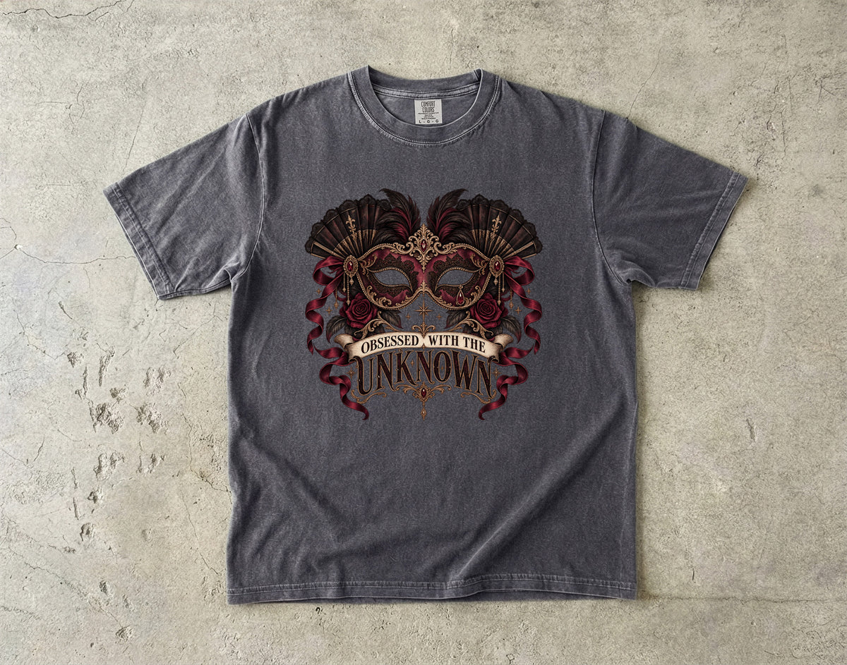 Obsessed With the Unknown Shirt, Dark Romance Book Lover Tee, Masquerade Mask Comfort Colors Shirt, Gothic Reader Gift, BookTok Tee