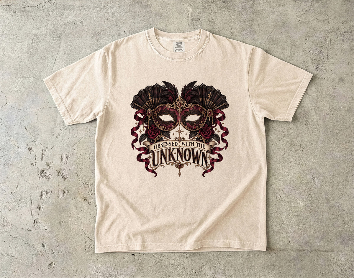 Obsessed With the Unknown Shirt, Dark Romance Book Lover Tee, Masquerade Mask Comfort Colors Shirt, Gothic Reader Gift, BookTok Tee