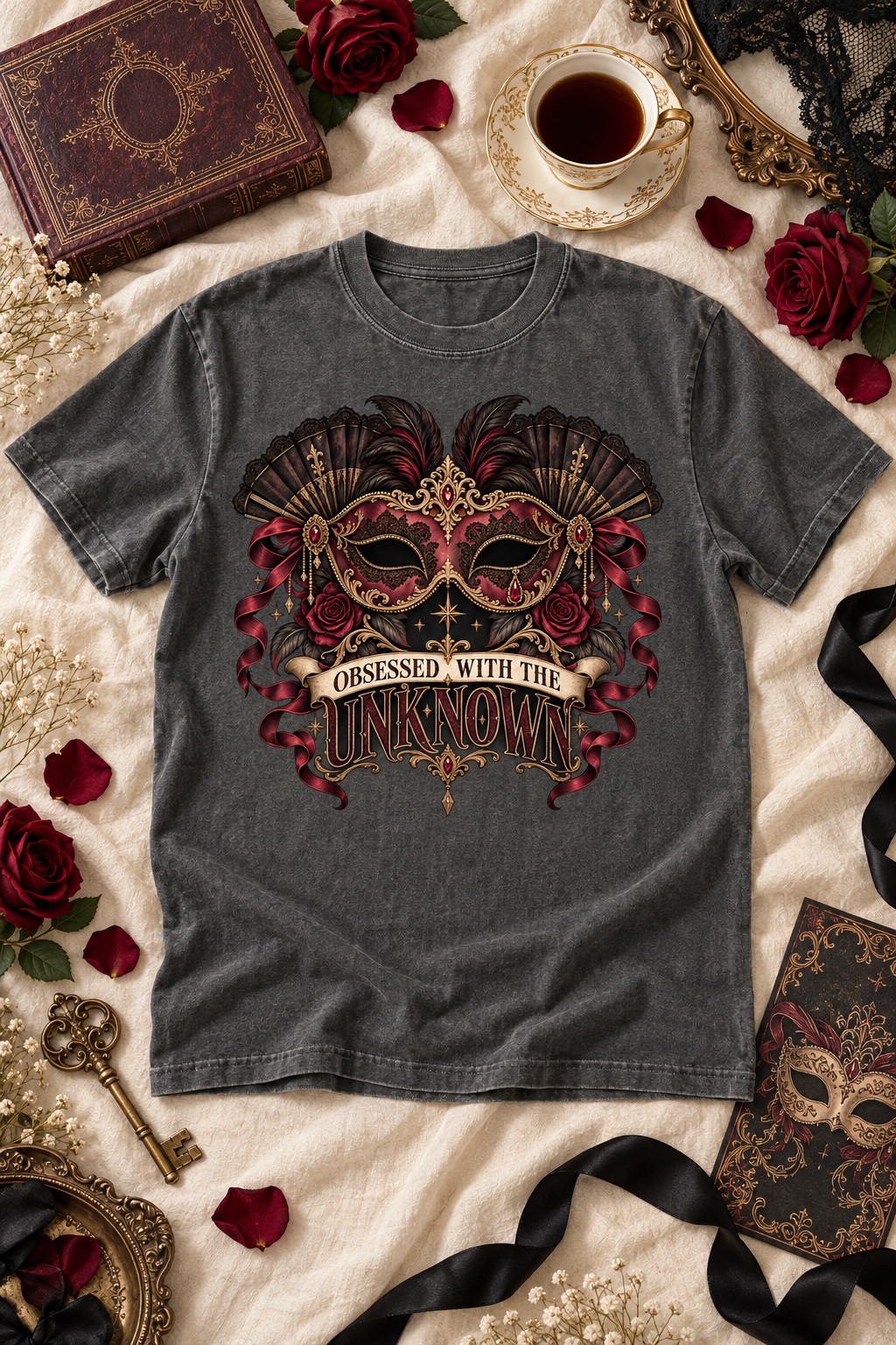 Some mysteries are too tempting to leave unsolved. This “Obsessed With the Unknown” Comfort Colors shirt features an ornate burgundy masquerade mask surrounded by black fans, feathers, roses, ribbons, ruby jewels, and antique-gold details. A dramatic gift for dark romance readers, romantasy fans, BookTok friends, and anyone drawn to masked characters, secret identities, and morally gray love interests.

#DarkRomance #BookLoverGift #BookTokStyle