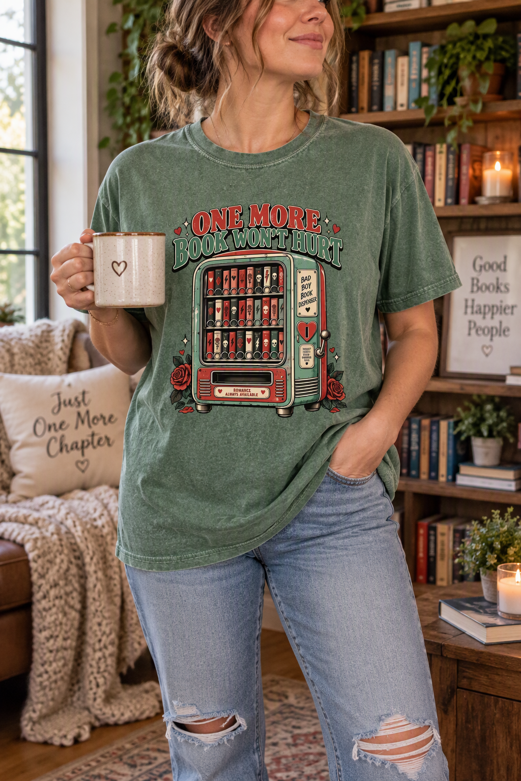 One more book won’t hurt…right? This funny Comfort Colors shirt features a retro mint-green and red book vending machine stocked with romance reads, roses, hearts, skulls, and lightning bolts. A playful gift for dark romance readers, romantasy fans, BookTok friends, librarians, book-club members, and anyone whose TBR keeps growing.

#BookLoverGift #DarkRomance #BookTokStyle