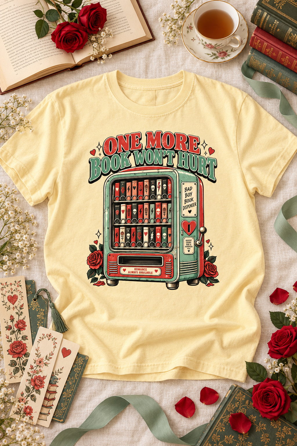One more book won’t hurt…right? This funny Comfort Colors shirt features a retro mint-green and red book vending machine stocked with romance reads, roses, hearts, skulls, and lightning bolts. A playful gift for dark romance readers, romantasy fans, BookTok friends, librarians, book-club members, and anyone whose TBR keeps growing.

#BookLoverGift #DarkRomance #BookTokStyle