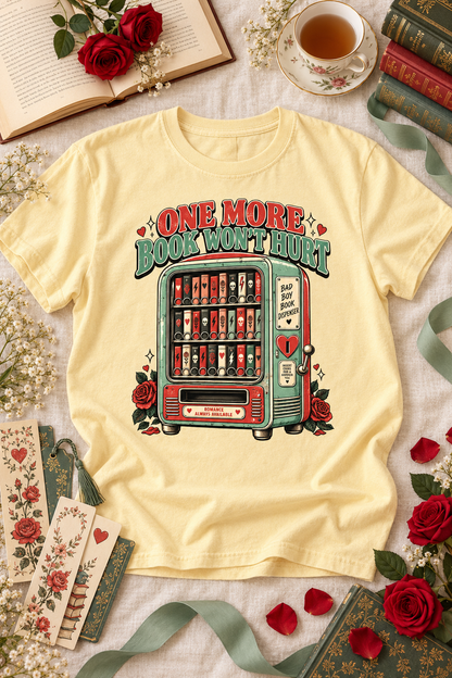One more book won’t hurt…right? This funny Comfort Colors shirt features a retro mint-green and red book vending machine stocked with romance reads, roses, hearts, skulls, and lightning bolts. A playful gift for dark romance readers, romantasy fans, BookTok friends, librarians, book-club members, and anyone whose TBR keeps growing.

#BookLoverGift #DarkRomance #BookTokStyle