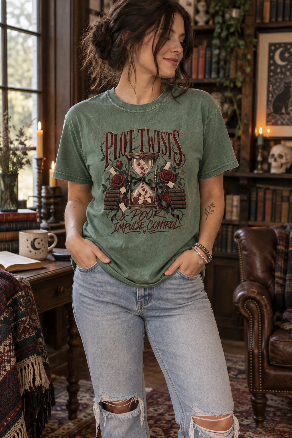 Calling all dark romance readers with questionable reading habits! This “Plot Twists & Poor Impulse Control” Comfort Colors shirt features an ornate hourglass, flying pages, antique books, hearts and gothic roses. Its soft garment-dyed cotton and relaxed unisex fit make it perfect for bookstore trips, book club, reading marathons or gifting to your favorite BookTok reader. Available in multiple colors and sizes. #DarkRomance #BookLoverGift #BookishShirt
