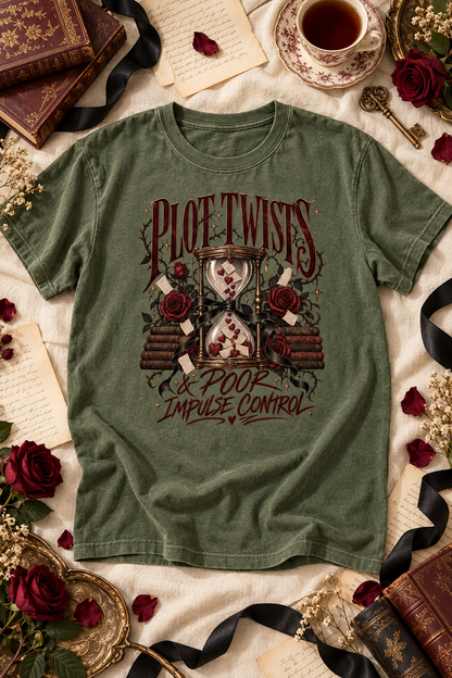 Calling all dark romance readers with questionable reading habits! This “Plot Twists & Poor Impulse Control” Comfort Colors shirt features an ornate hourglass, flying pages, antique books, hearts and gothic roses. Its soft garment-dyed cotton and relaxed unisex fit make it perfect for bookstore trips, book club, reading marathons or gifting to your favorite BookTok reader. Available in multiple colors and sizes. #DarkRomance #BookLoverGift #BookishShirt