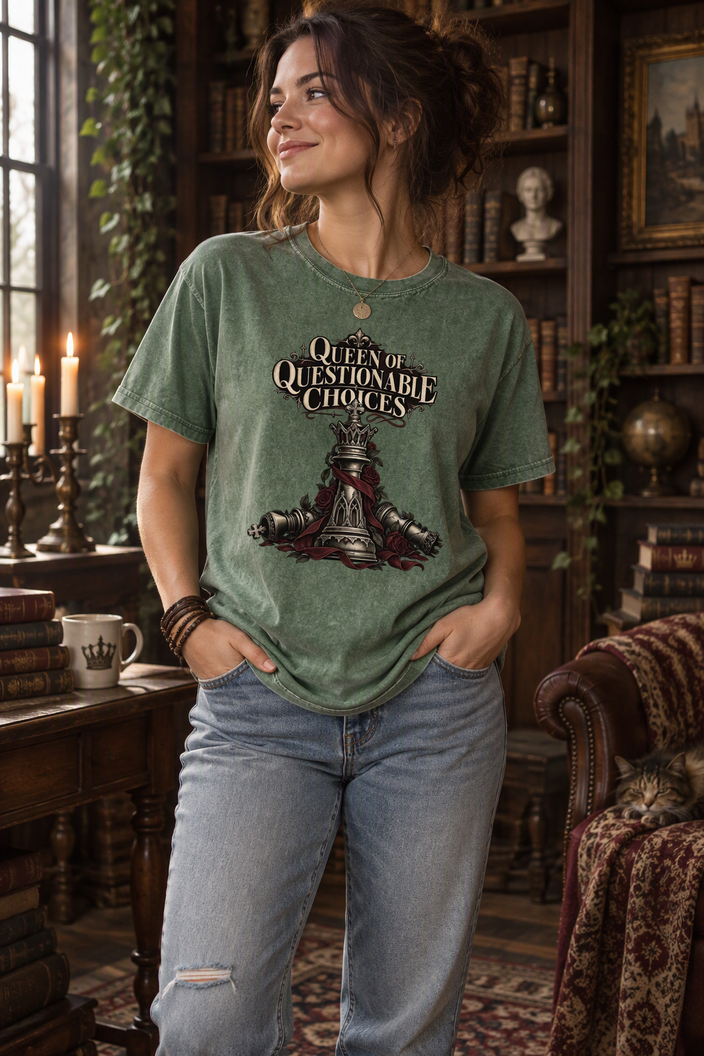 Own your questionable reading choices with this “Queen of Questionable Choices” Comfort Colors shirt. Featuring an ornate gothic chess queen, fallen pieces, burgundy roses, and vintage ribbon details, it’s perfect for dark romance readers, romantasy fans, book club, bookstore trips, and late-night reading marathons. A memorable book lover gift for anyone who always chooses the villain. #DarkRomance #BookLoverGift #BookishShirt