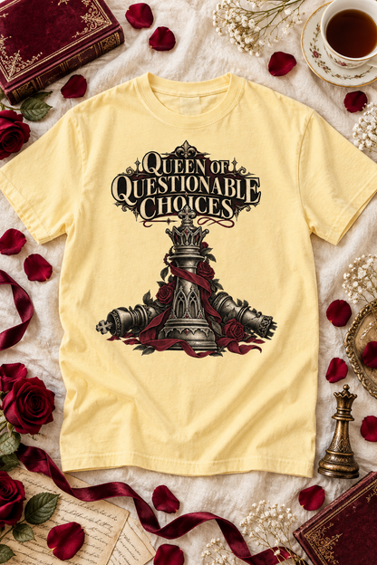 Own your questionable reading choices with this “Queen of Questionable Choices” Comfort Colors shirt. Featuring an ornate gothic chess queen, fallen pieces, burgundy roses, and vintage ribbon details, it’s perfect for dark romance readers, romantasy fans, book club, bookstore trips, and late-night reading marathons. A memorable book lover gift for anyone who always chooses the villain. #DarkRomance #BookLoverGift #BookishShirt