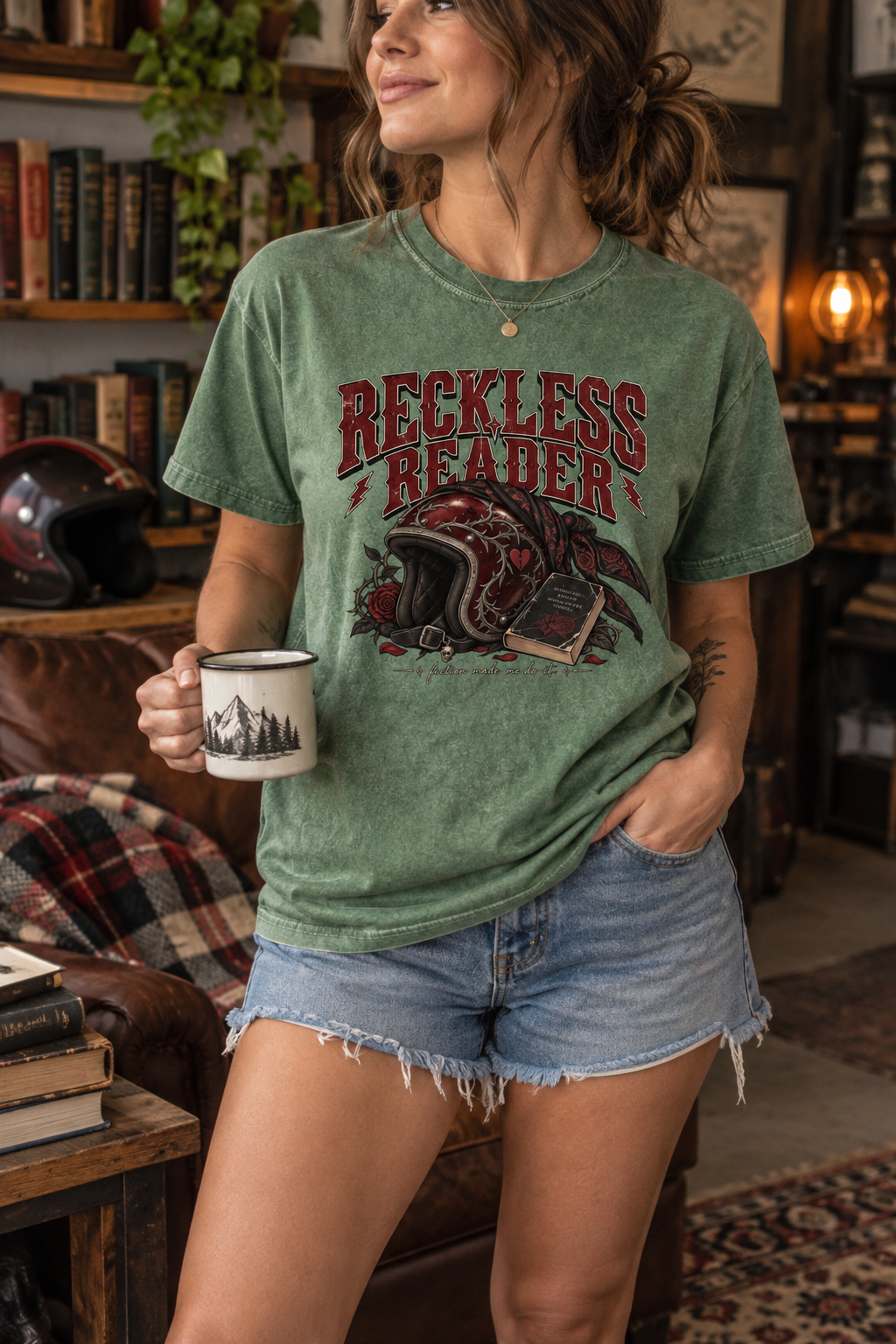 For readers who believe dangerous people make better stories. This “Reckless Reader” Comfort Colors shirt features distressed burgundy lettering, a thorn-covered motorcycle helmet, red roses, a vintage book, and the tagline “fiction made me do it.” Perfect for dark romance, biker romance, romantic suspense, book club, bookstore trips, or gifting to your favorite reckless reader. #DarkRomance #BookLoverGift #BookishShirt