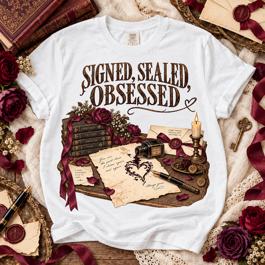 A white short-sleeve graphic T-shirt laid flat on a rustic fabric surface surrounded by roses, wax seals, books, a key, and a candle. The shirt graphic reads “SIGNED, SEALED, OBSESSED” above an illustration of old books, a quill, a wax seal, and parchment.