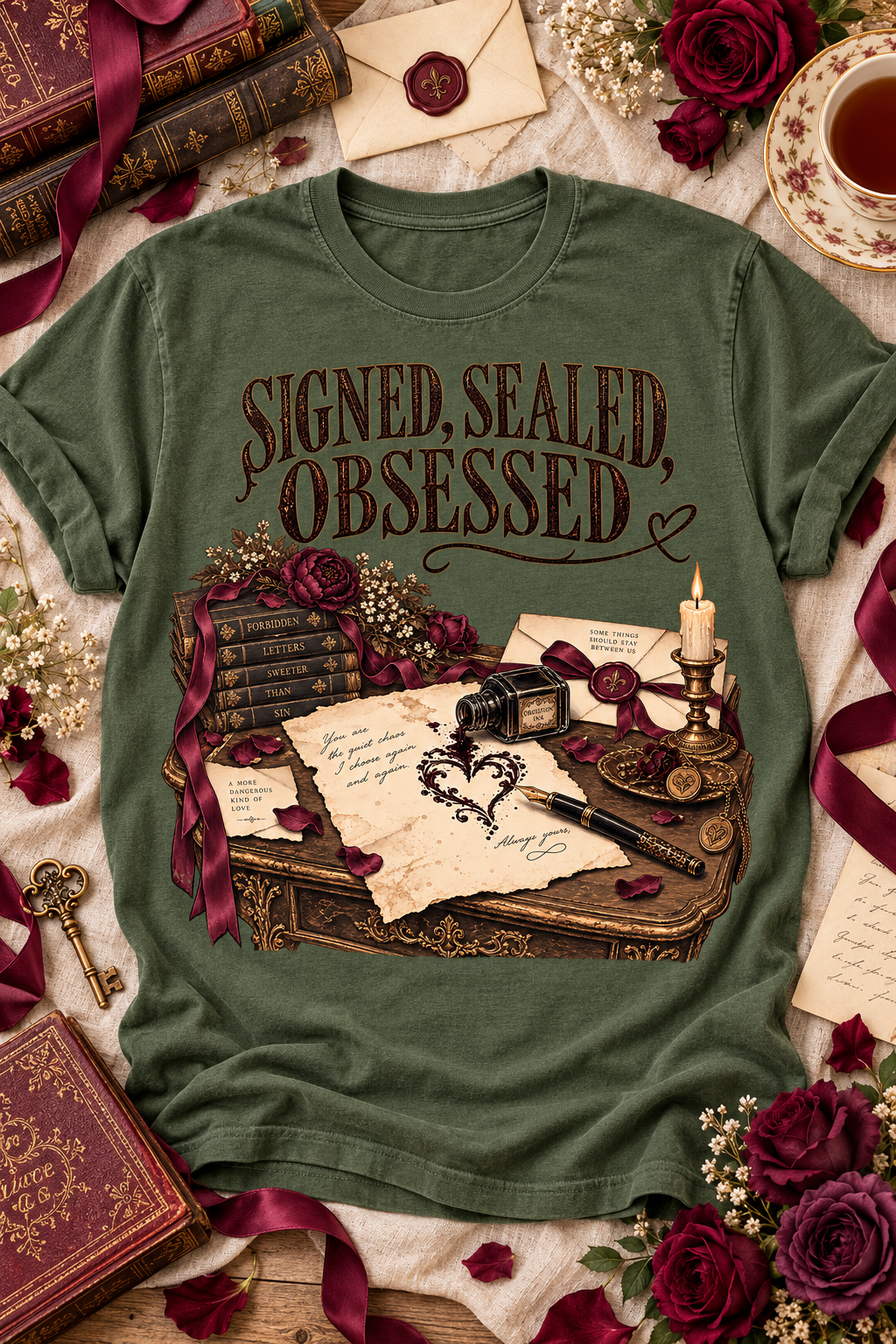 For readers who consider fictional obsession a love language. This “Signed, Sealed, Obsessed” Comfort Colors shirt features forbidden books, secret letters, burgundy flowers, wax seals, an overflowing ink bottle, a vintage pen, and candlelight. Perfect for dark romance, forbidden-love, gothic-fiction, and obsessive-hero readers—or as a memorable gift for your favorite book lover. #DarkRomance #BookishShirt #ReaderGift