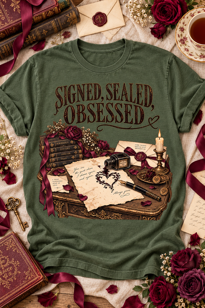 For readers who consider fictional obsession a love language. This “Signed, Sealed, Obsessed” Comfort Colors shirt features forbidden books, secret letters, burgundy flowers, wax seals, an overflowing ink bottle, a vintage pen, and candlelight. Perfect for dark romance, forbidden-love, gothic-fiction, and obsessive-hero readers—or as a memorable gift for your favorite book lover. #DarkRomance #BookishShirt #ReaderGift