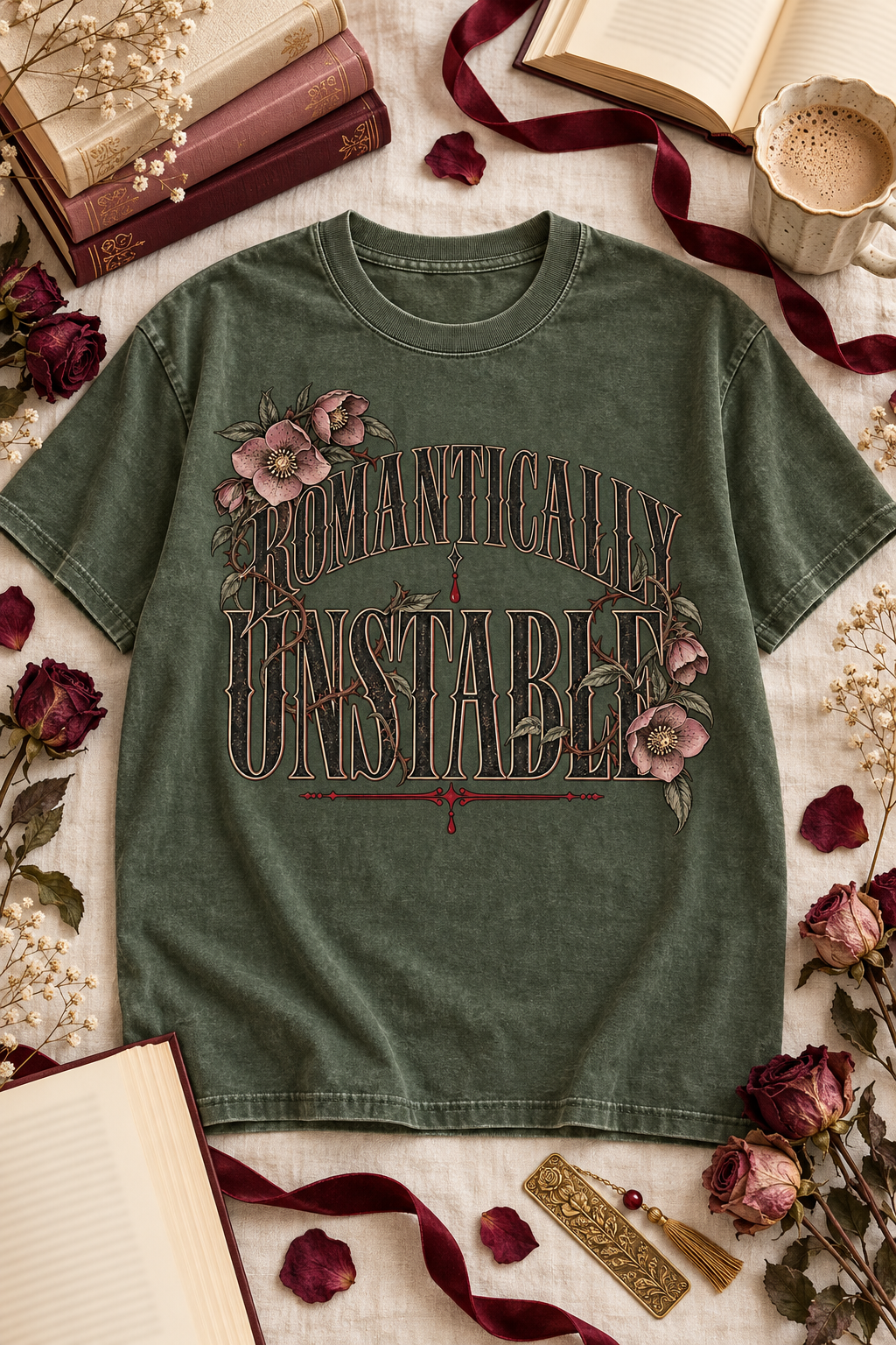 For the dark romance reader who is completely stable—until a fictional villain enters the story. This “Romantically Unstable” Comfort Colors shirt features gothic lettering, thorny vines, and muted floral details on a soft, relaxed unisex tee. A fun book lover gift for BookTok readers, romantasy fans, book club friends, and anyone obsessed with morally gray characters. Available in Ivory, White, Butter, Moss, Pepper, and Blue Jean. #DarkRomance #BookLoverGift #BookishShirt