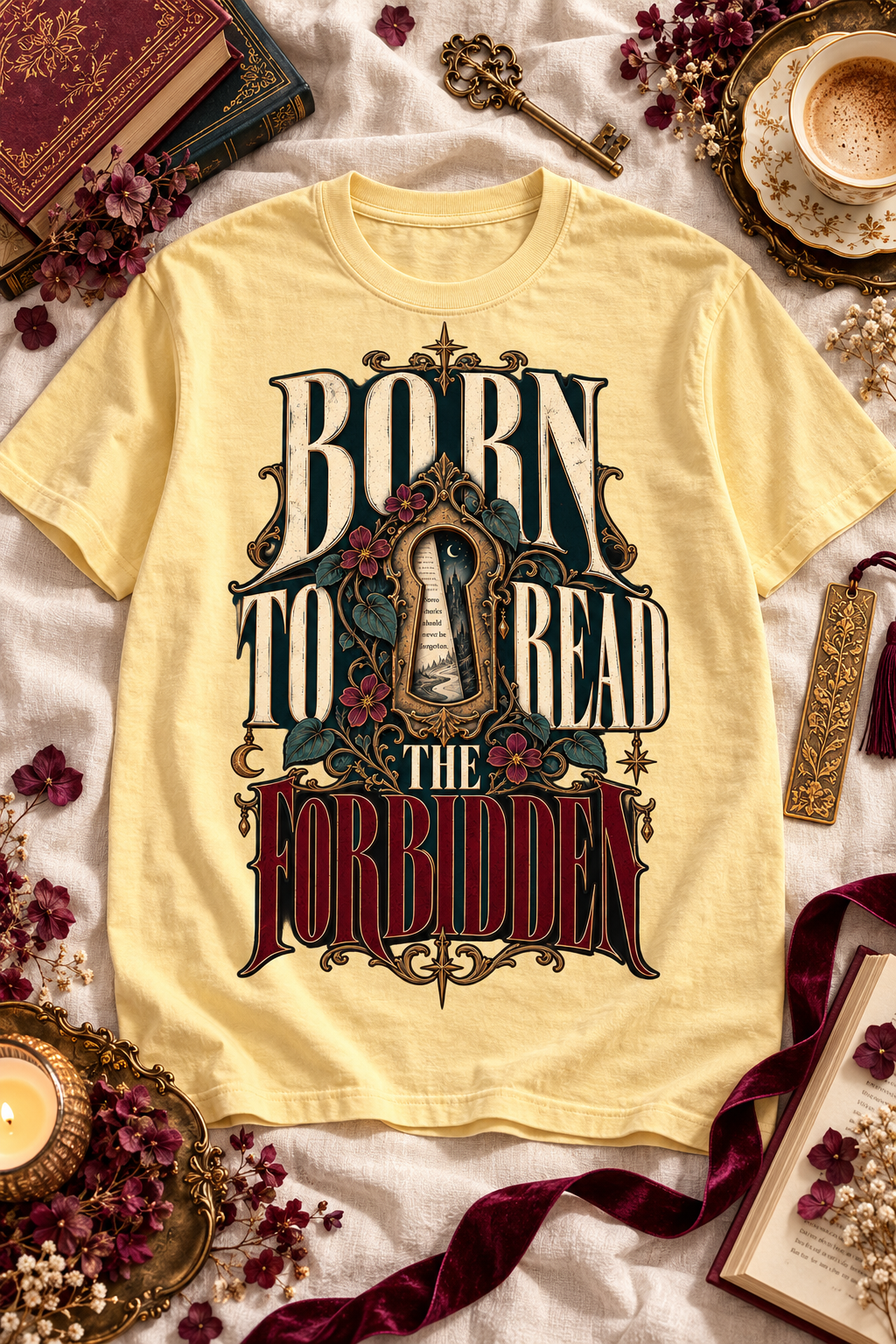 Born to read the forbidden—and emotionally prepared for none of it. This gothic Comfort Colors shirt features an ornate keyhole, moonlit fantasy world, celestial details, and dark florals. A striking gift for dark romance readers, romantasy lovers, BookTok fans, and anyone drawn to dangerous characters and forbidden stories. Available in Ivory, White, Butter, Moss, Pepper, and Blue Jean. #DarkRomance #Romantasy #BookLoverGift