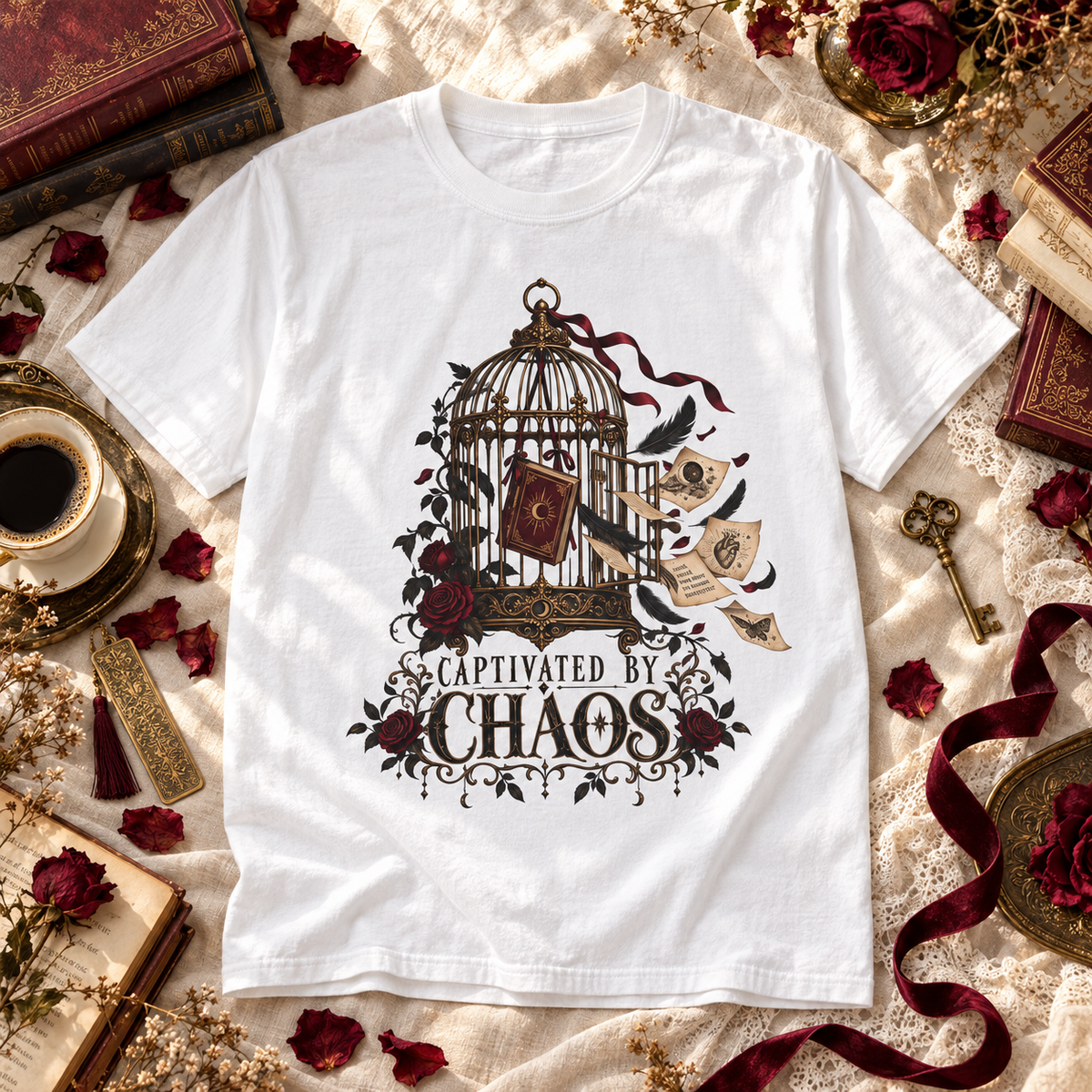 A white short-sleeve graphic T-shirt laid flat on a lace fabric background with vintage props including books, a teacup, keys, dried roses, and a ribbon. The shirt features a central illustration of a birdcage with roses, a book, feathers, and scrolls above the words 'Captivated by Chaos'.