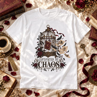 A white short-sleeve graphic T-shirt laid flat on a lace fabric background with vintage props including books, a teacup, keys, dried roses, and a ribbon. The shirt features a central illustration of a birdcage with roses, a book, feathers, and scrolls above the words 'Captivated by Chaos'.