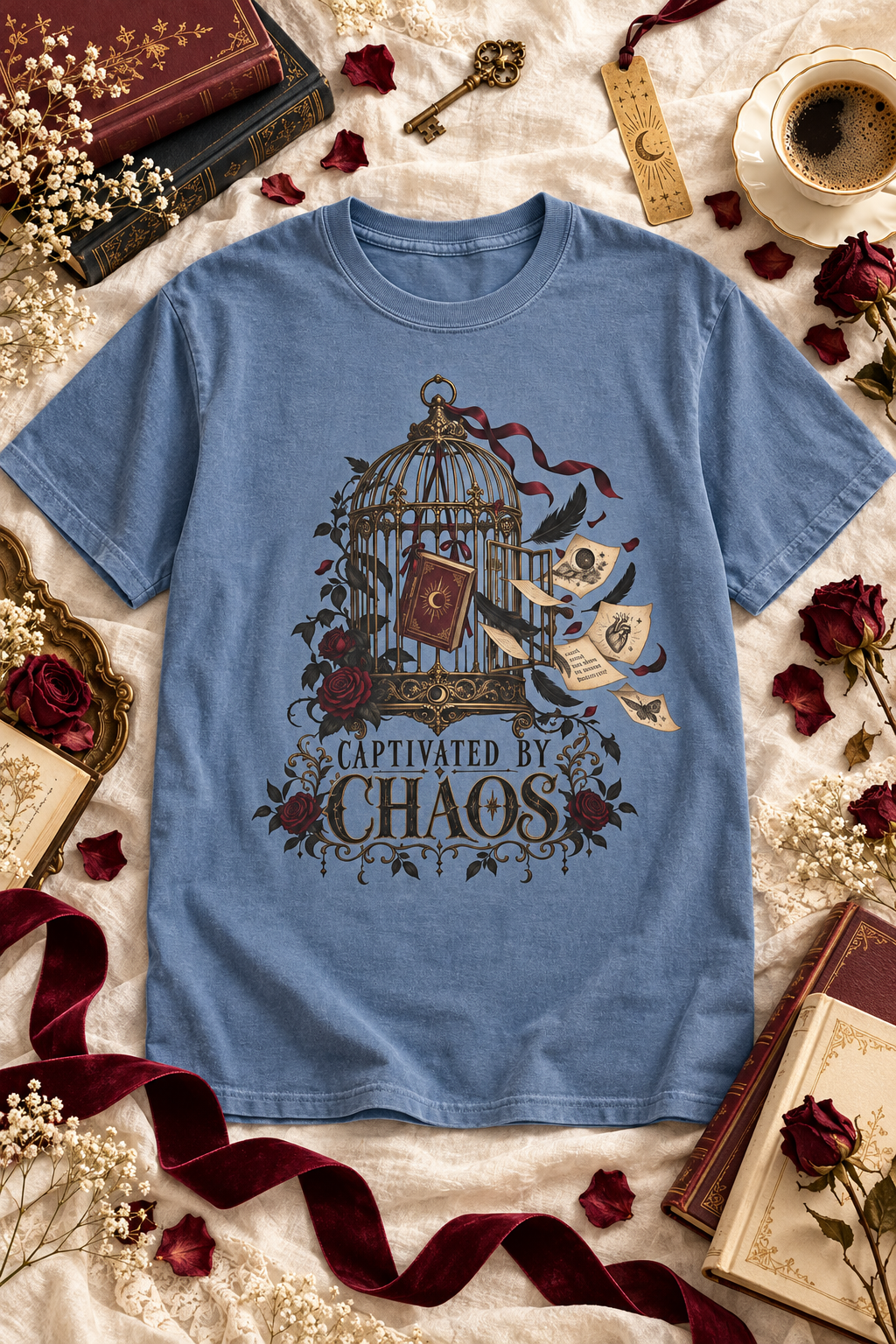 Captivated by fictional chaos? This gothic Comfort Colors shirt features an ornate open birdcage, escaping book pages, black feathers, dark red roses, and celestial details. A memorable wearable gift for dark romance readers, romantasy lovers, fantasy fans, BookTok readers, and book club friends. Available in Ivory, White, Butter, Moss, Pepper, and Blue Jean. #DarkRomance #BookishShirt #RomantasyGift