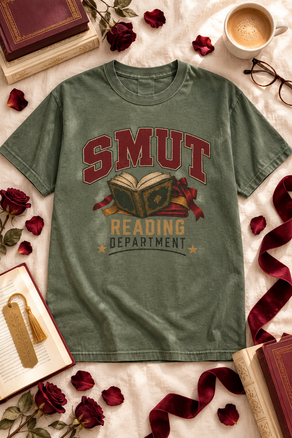 Join the Smut Reading Department with this funny vintage-style Comfort Colors shirt. Featuring distressed collegiate lettering, an ornate open book, and burgundy ribbon details, it makes a fun gift for adult romance readers, dark romance fans, BookTok friends, and book club members. Available in Ivory, White, Butter, Moss, Pepper, and Blue Jean. #DarkRomance #BookishShirt #BookLoverGift