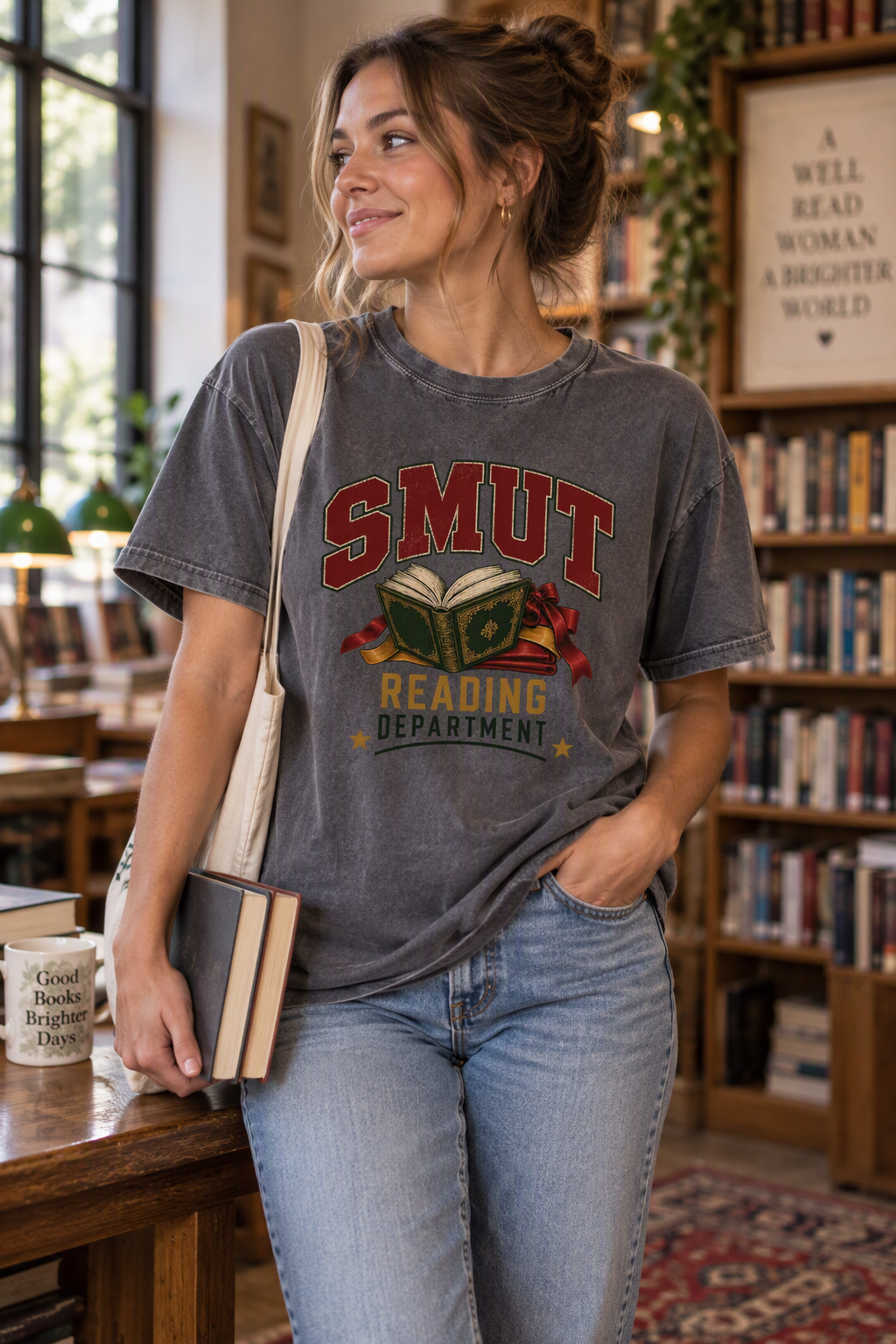 Join the Smut Reading Department with this funny vintage-style Comfort Colors shirt. Featuring distressed collegiate lettering, an ornate open book, and burgundy ribbon details, it makes a fun gift for adult romance readers, dark romance fans, BookTok friends, and book club members. Available in Ivory, White, Butter, Moss, Pepper, and Blue Jean. #DarkRomance #BookishShirt #BookLoverGift