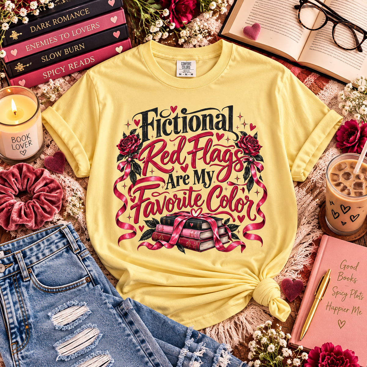 Fictional Red Flags Shirt, Dark Romance Book Lover Tee, Spicy Bookish Shirt, Morally Gray Men, Enemies to Lovers, Romance Reader Gift