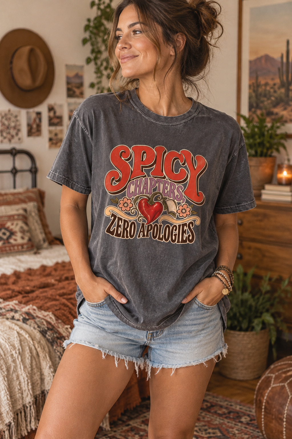 Spicy chapters, zero apologies. This retro romance reader shirt features bold vintage lettering, a heart-shaped red pepper, an open book, and colorful floral details. The soft Comfort Colors tee has a relaxed unisex fit that is perfect for book club, bookstore trips, reading weekends, and everyday wear. A fun gift for dark romance readers, spicy romance fans, BookTok followers, librarians, and unapologetic book lovers. Available in Ivory, White, Butter, Moss, Pepper, and Blue Jean. #DarkRomance #BookLoverGi
