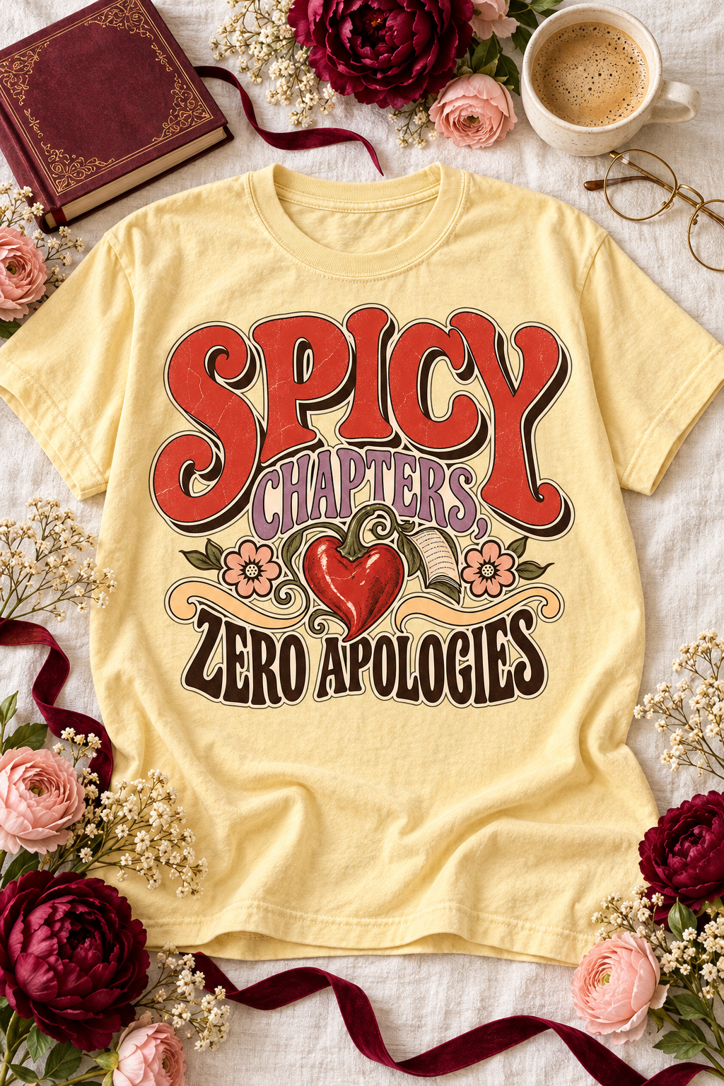 Spicy chapters, zero apologies. This retro romance reader shirt features bold vintage lettering, a heart-shaped red pepper, an open book, and colorful floral details. The soft Comfort Colors tee has a relaxed unisex fit that is perfect for book club, bookstore trips, reading weekends, and everyday wear. A fun gift for dark romance readers, spicy romance fans, BookTok followers, librarians, and unapologetic book lovers. Available in Ivory, White, Butter, Moss, Pepper, and Blue Jean. #DarkRomance #BookLoverGi