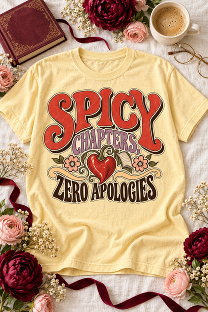 Spicy chapters, zero apologies. This retro romance reader shirt features bold vintage lettering, a heart-shaped red pepper, an open book, and colorful floral details. The soft Comfort Colors tee has a relaxed unisex fit that is perfect for book club, bookstore trips, reading weekends, and everyday wear. A fun gift for dark romance readers, spicy romance fans, BookTok followers, librarians, and unapologetic book lovers. Available in Ivory, White, Butter, Moss, Pepper, and Blue Jean. #DarkRomance #BookLoverGi
