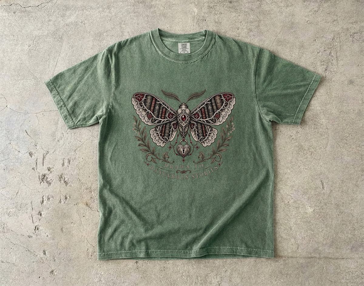 Drawn to Dangerous Stories Shirt, Dark Romance Reader Tee, Gothic Moth Comfort Colors Shirt, Book Lover Gift