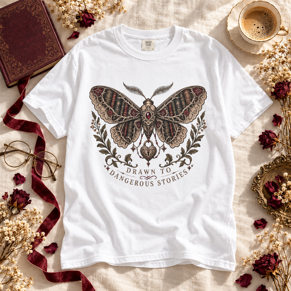 Drawn to Dangerous Stories Shirt, Dark Romance Reader Tee, Gothic Moth Comfort Colors Shirt, Book Lover Gift
