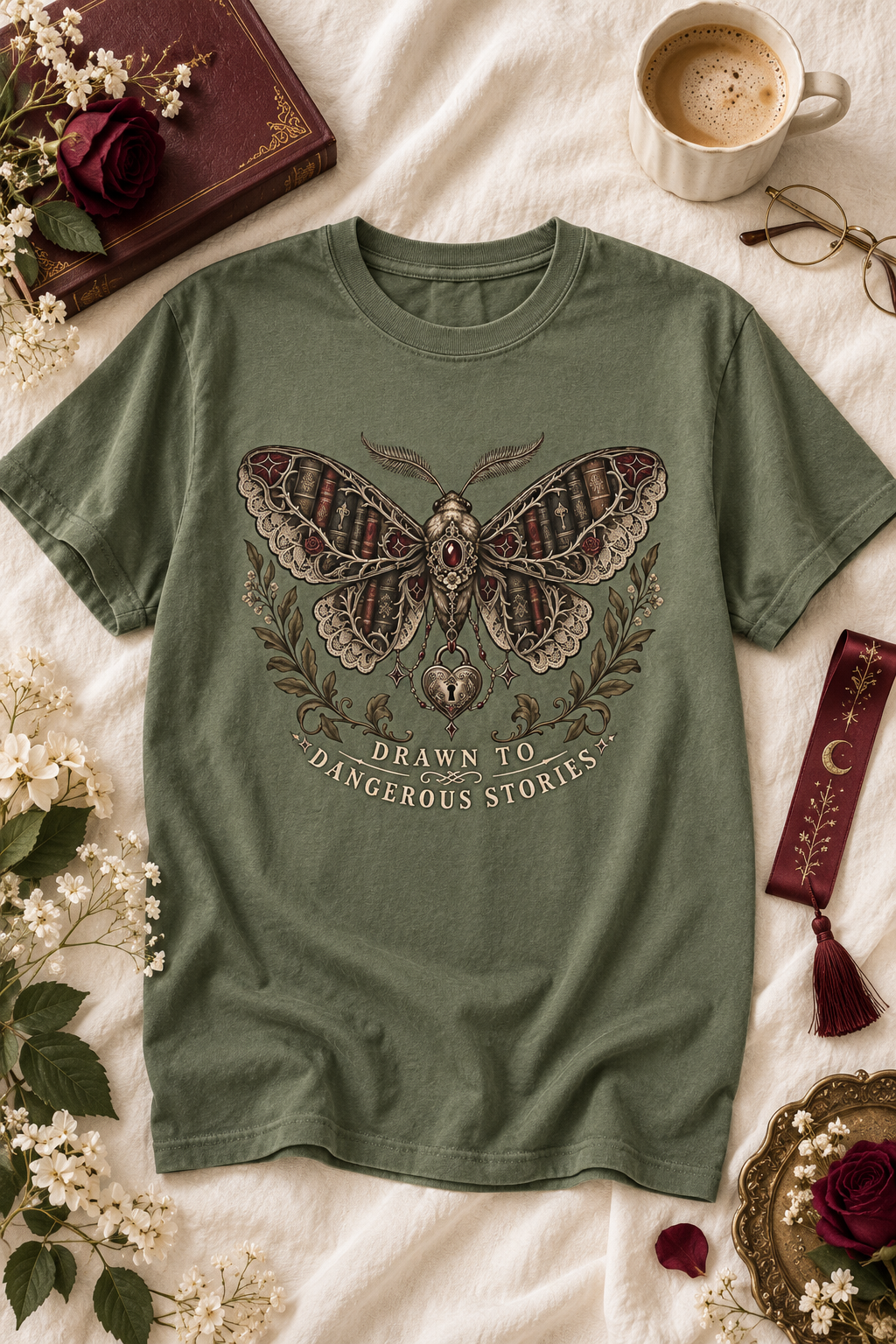 Drawn to dangerous stories—and the fictional characters who should probably come with warning labels. This gothic book lover shirt features an ornate moth with antique books woven into its wings, surrounded by lace, burgundy gemstones, roses, botanical branches, and celestial charms. The soft Comfort Colors tee has a relaxed unisex fit that is perfect for book club, bookstore trips, reading weekends, and everyday dark-academia style. A unique gift for dark romance readers, romantasy fans, BookTok followers,