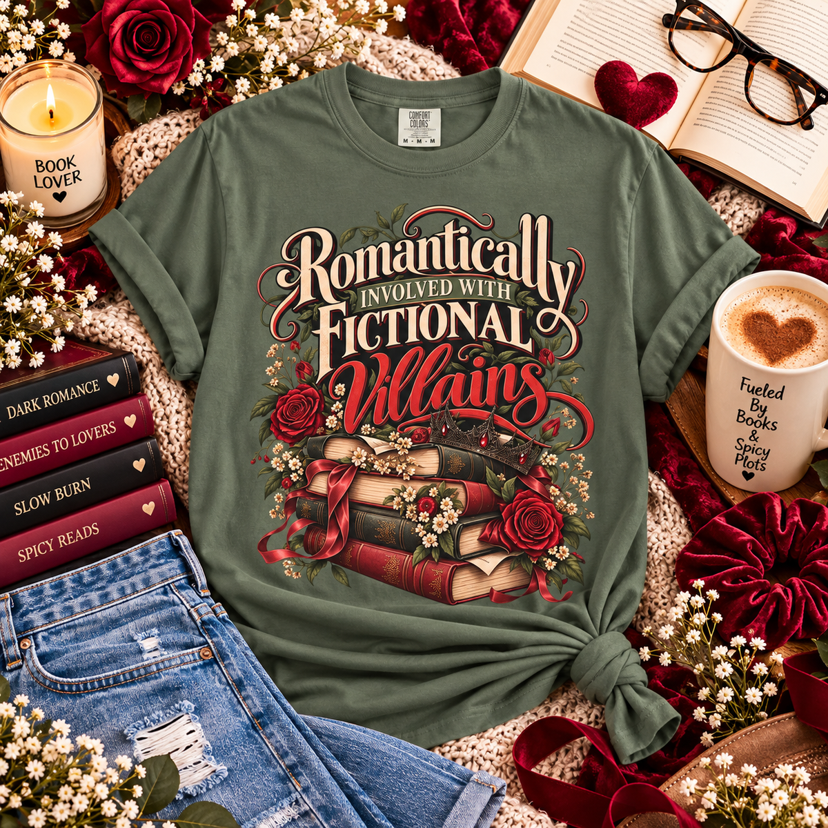 A styled flat-lay of an olive green graphic T-shirt with the phrase 'Romantically Involved with Fictional Villains' and an illustration of stacked books, roses, and flowers. The shirt is surrounded by props including a candle, open book, glasses, jeans, a coffee mug, and books on a textured cream surface.